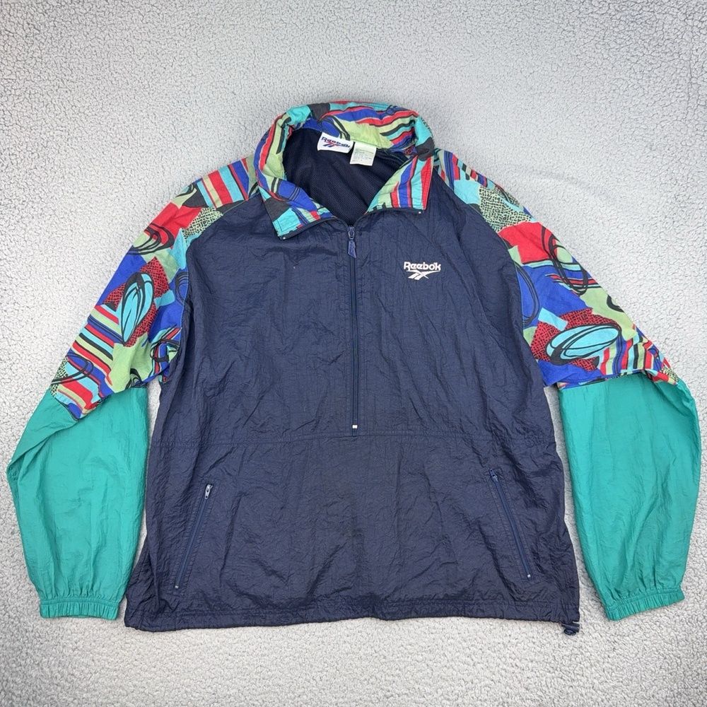 Vintage Reebok Jacket Mens Large Navy Multicolor Hooded Windbreaker 90s Nylon